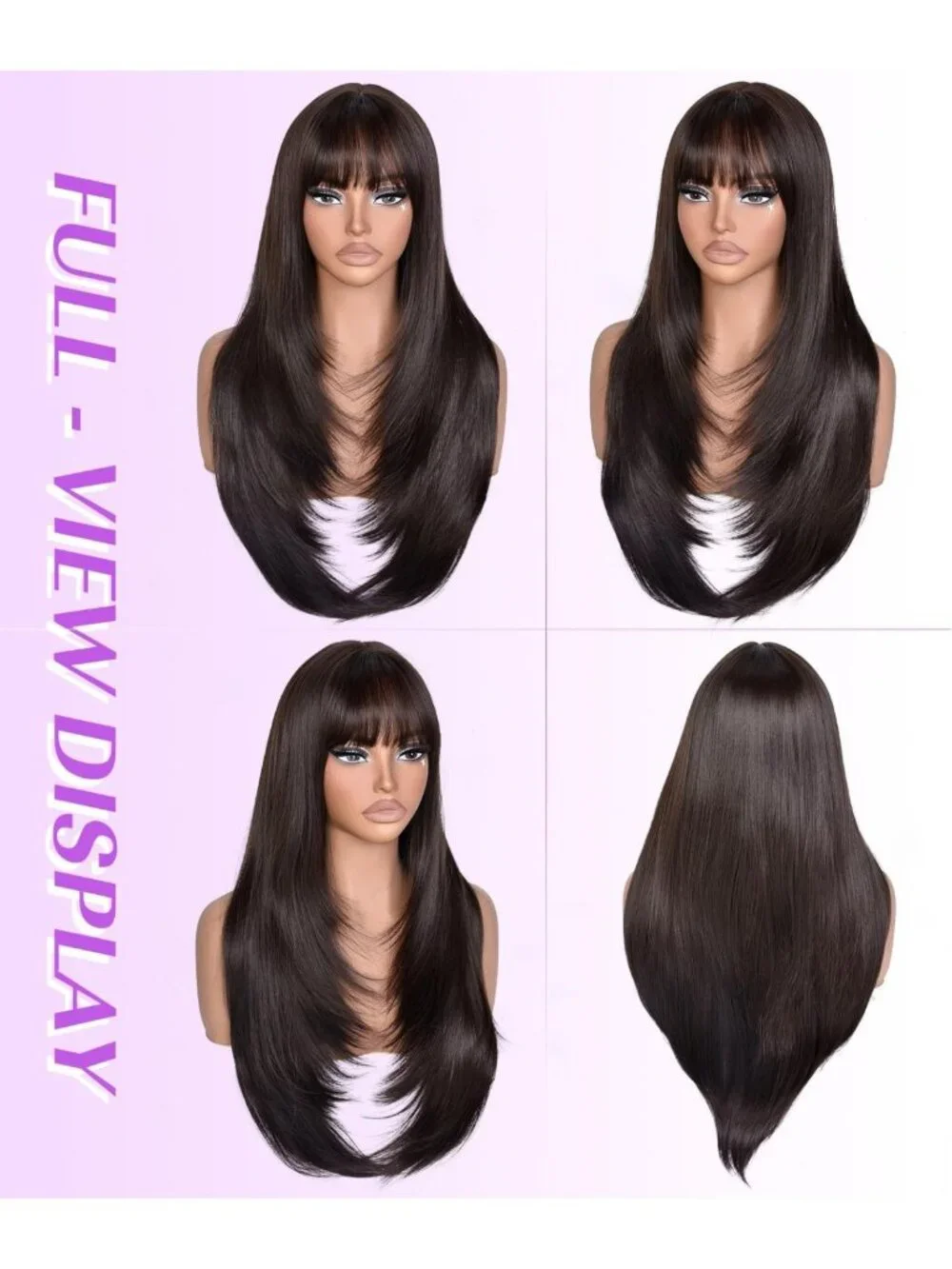 26-Inch Long Brown Layered Wig with Bangs - Straight Synthetic Hair for Women